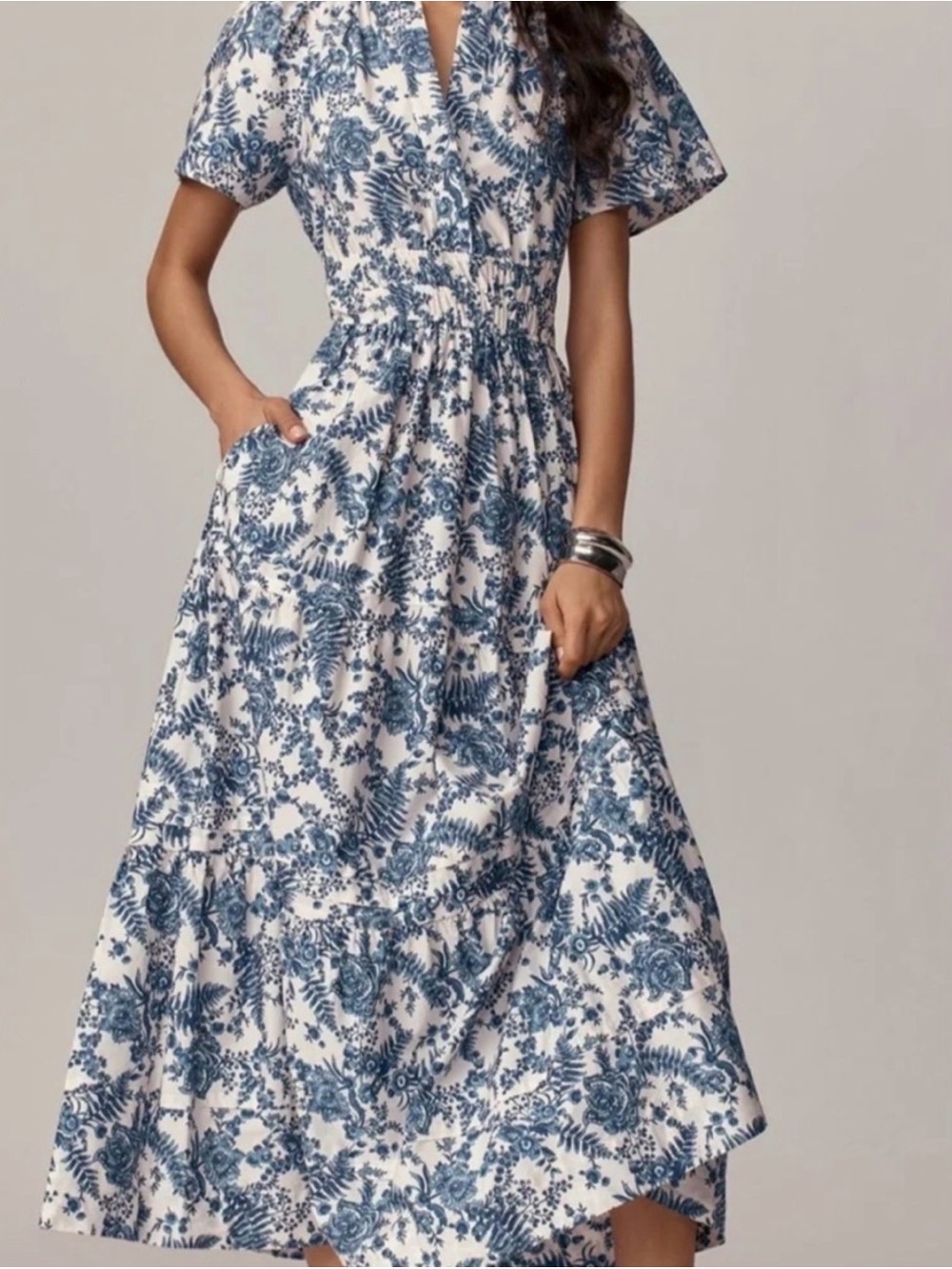 Anthropologie Somerset Blue Floral Maxi Dress with Smocked Waist